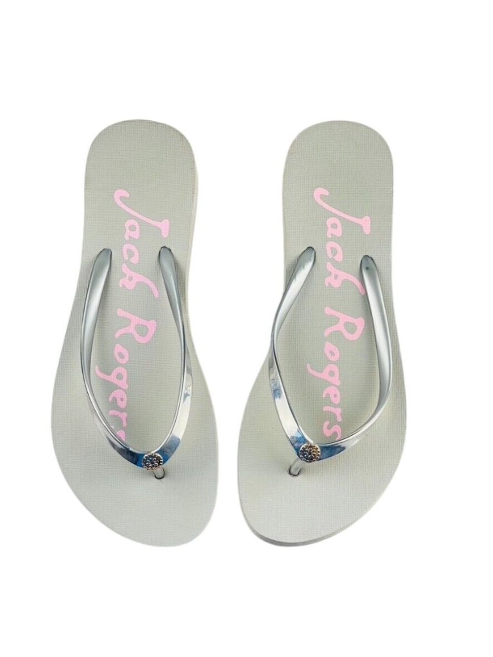Jack Rogers Silver & Gray Flip-Flops With Pink Logo Womens Beach Sandals Size 9 - Picture 3 of 11